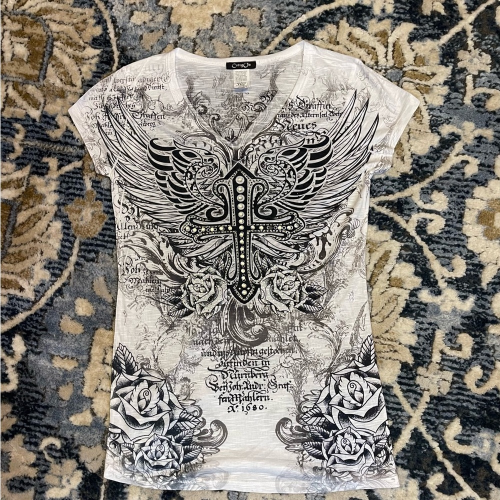 Y2K rhinestone fitted V-neck top